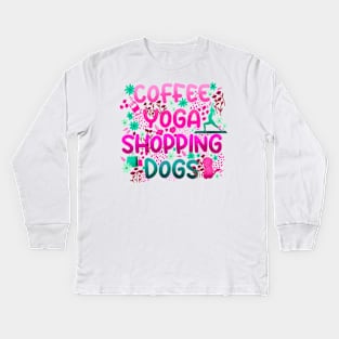 Coffee Yoga Shopping Dogs in Pink-Green Kids Long Sleeve T-Shirt